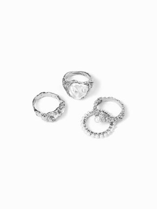 4PCS FAUX PEARL & TEXTURED RING SET