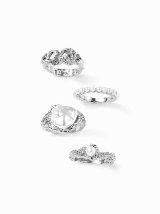 4PCS FAUX PEARL & TEXTURED RING SET