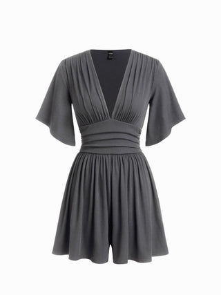 Textured V-neck Ruched Mid Rise Bell Sleeve Romper