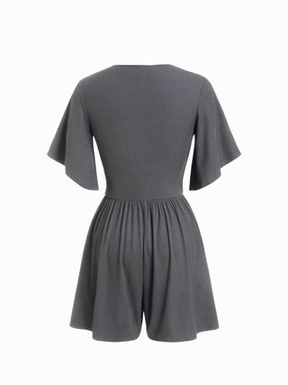 Textured V-neck Ruched Mid Rise Bell Sleeve Romper