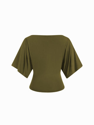 Modal-blend Boat Neck Short Sleeve Cut Out Ruched Top