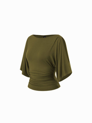 Modal-blend Boat Neck Short Sleeve Cut Out Ruched Top