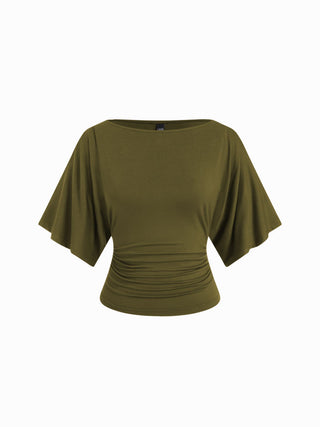 Modal-blend Boat Neck Short Sleeve Cut Out Ruched Top