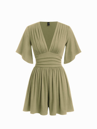Textured V-neck Ruched Mid Rise Bell Sleeve Romper