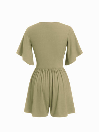 Textured V-neck Ruched Mid Rise Bell Sleeve Romper