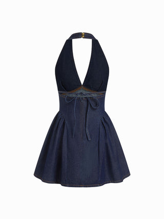 Denim Halter Neckline Backless Flared Mini Dress