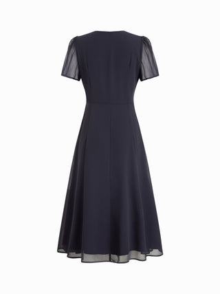 Chiffon Puff Sleeve Ruched Cut Out A-line Maxi Dress
