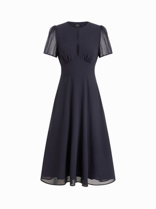 Chiffon Puff Sleeve Ruched Cut Out A-line Maxi Dress