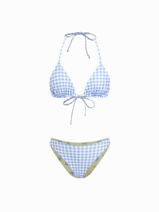 Reversible Floral & Gingham Halter Neckline Triangle Bikini Set With Cover Up Skirt