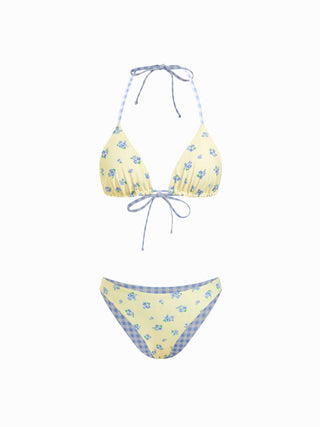 Reversible Floral & Gingham Halter Neckline Triangle Bikini Set With Cover Up Skirt