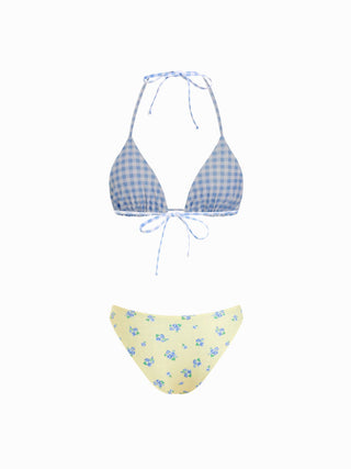 Reversible Floral & Gingham Halter Neckline Triangle Bikini Set With Cover Up Skirt