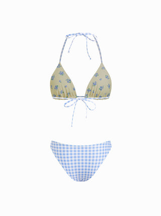Reversible Floral & Gingham Halter Neckline Triangle Bikini Set With Cover Up Skirt