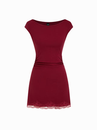 Cotton-blend Boat Neck Ruched Lace Panel A-line Mini Dress