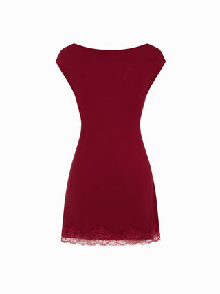 Cotton-blend Boat Neck Ruched Lace Panel A-line Mini Dress