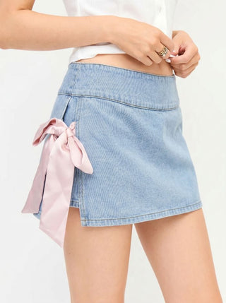 Denim Low Rise Washed Bowknot A-line Micro Mini Skort