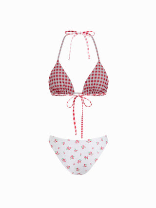 Reversible Floral & Gingham Halter Neckline Triangle Bikini Set With Cover Up Skirt