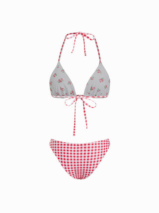 Reversible Floral & Gingham Halter Neckline Triangle Bikini Set With Cover Up Skirt