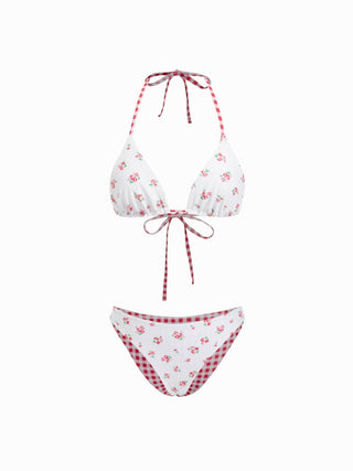 Reversible Floral & Gingham Halter Neckline Triangle Bikini Set With Cover Up Skirt