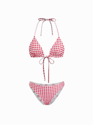 Reversible Floral & Gingham Halter Neckline Triangle Bikini Set With Cover Up Skirt
