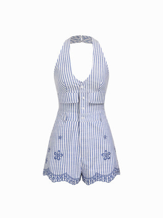 Mid Rise Striped Floral Embroidery Halter Neckline Romper