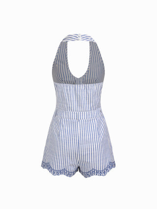 Mid Rise Striped Floral Embroidery Halter Neckline Romper