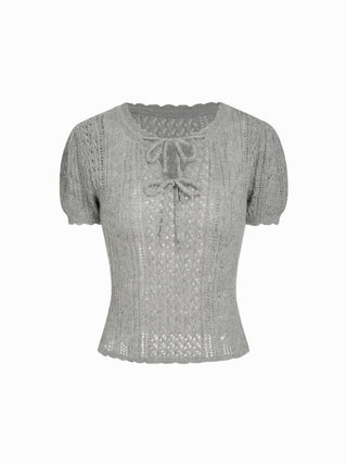 Knit Pointelle Tie Front Bowknot Puff Short Sleeve Top