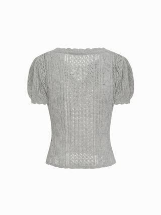 Knit Pointelle Tie Front Bowknot Puff Short Sleeve Top