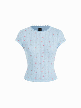 Floral Pointelle Lace Trim Short Sleeve Tee