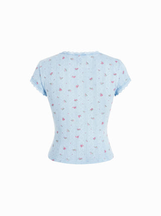 Floral Pointelle Lace Trim Short Sleeve Tee