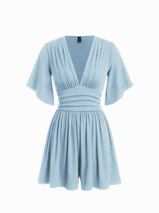 Textured V-neck Ruched Mid Rise Bell Sleeve Romper
