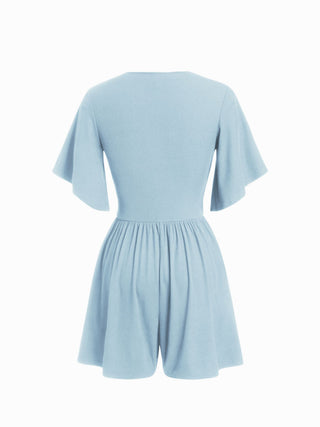 Textured V-neck Ruched Mid Rise Bell Sleeve Romper