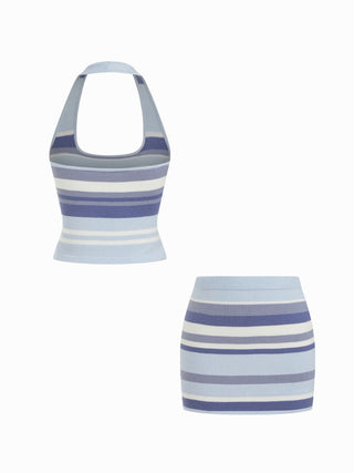 Knit Halter Neck Striped Tank Top & Low Rise Mini Skirt Set
