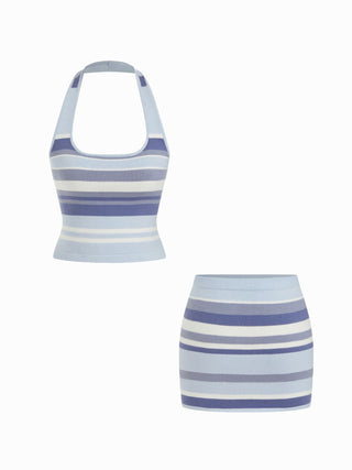Knit Halter Neck Striped Tank Top & Low Rise Mini Skirt Set