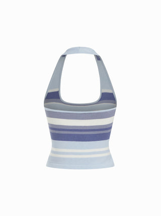 Knit Halter Neck Striped Tank Top & Low Rise Mini Skirt Set