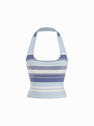 Knit Halter Neck Striped Tank Top & Low Rise Mini Skirt Set