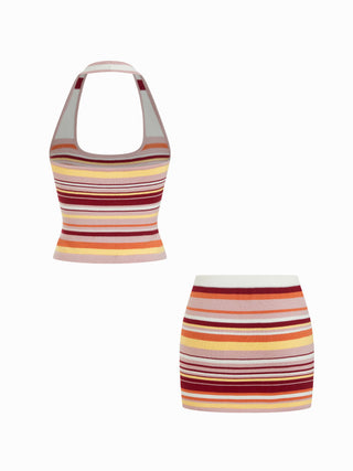 Knit Halter Neck Striped Tank Top & Low Rise Mini Skirt Set