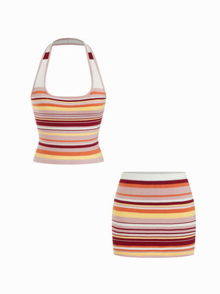 Knit Halter Neck Striped Tank Top & Low Rise Mini Skirt Set