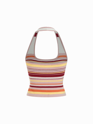 Knit Halter Neck Striped Tank Top & Low Rise Mini Skirt Set