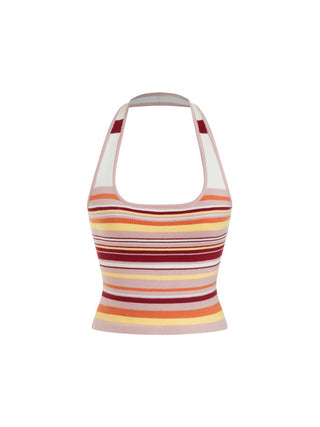 Knit Halter Neck Striped Tank Top & Low Rise Mini Skirt Set