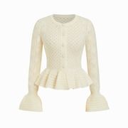 Knit Pointelle Bell Sleeve Peplum Ruffle Hem Cardigan