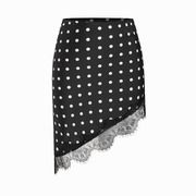 Satin Low Rise Polka Dot Lace Trim Asymmetrical Hem Mini Skirt
