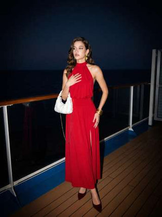 Halter Neckline Backless Split A-line Maxi Dress