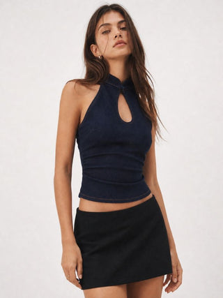 Stretch Denim Stand Collar Cut Out Ruched Halter Tank Top