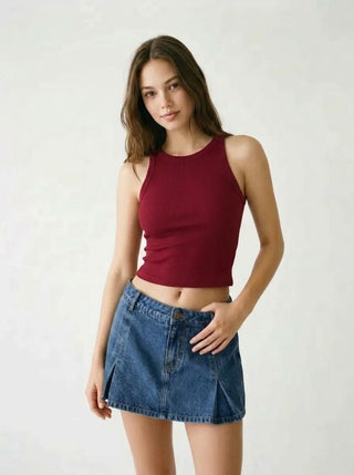 Washed Denim Split Low Rise A-line Mini Skort