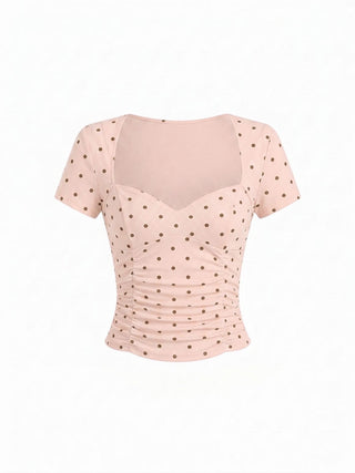 Cotton-blend Polka Dot V-neck Ruched Short Sleeve Top