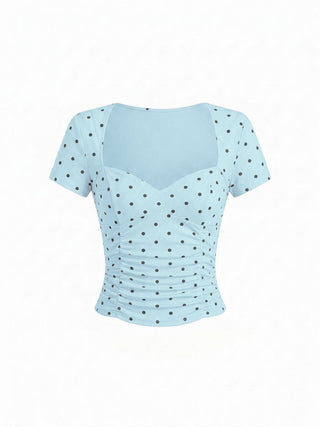Cotton-blend Polka Dot V-neck Ruched Short Sleeve Top