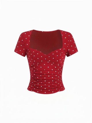 Cotton-blend Polka Dot V-neck Ruched Short Sleeve Top