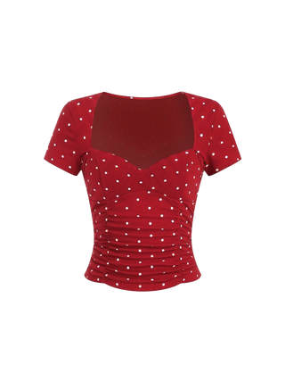 Cotton-blend Polka Dot V-neck Ruched Short Sleeve Top