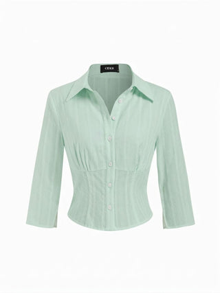 Cotton Textured Shirred Waist Short Sleeve Blouse