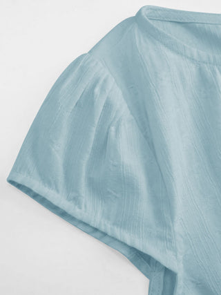 Cotton-blend Textured Boat Neck Puff Sleeve Button Through Peplum Blouse
